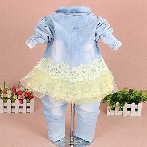 YAO Baby Girls Denim Clothing Sets 3 Pieces Sets T Shirt Denim Jacket and Jeans(Yellow,6-12M) - Image 2